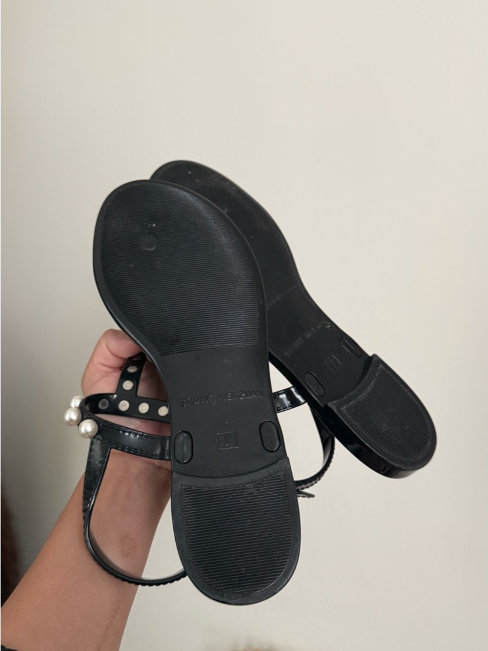 Stuart Weitzman Black Sandals with Pearl Accents - Picture 3 of 3